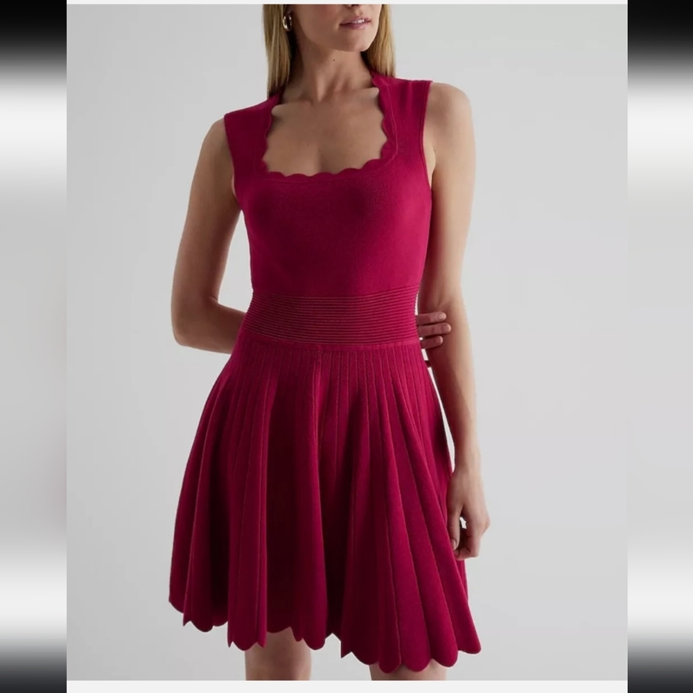 Express Red Scallop Neck Fit-and-Flare Dress - Picture 2 of 16